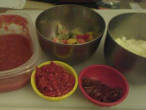 Mis En Place - Sweet Peppers in back, Armenian Red Pepper Sauce in the yellow bowl, Chipotle in the red