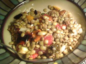 Lentil Salad with grilled peppers, tomatos, onions and celery with a light olive oil, white wine vinegar dressing