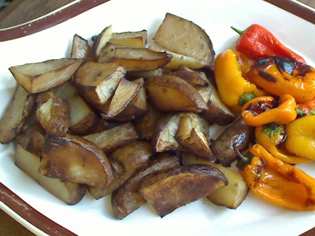 BBQ potatoes with grilled peppers make a great side to London Broil with Rosemary