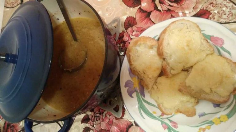 French Onion Soup with White Cheddar and Swiss Cheese Toast