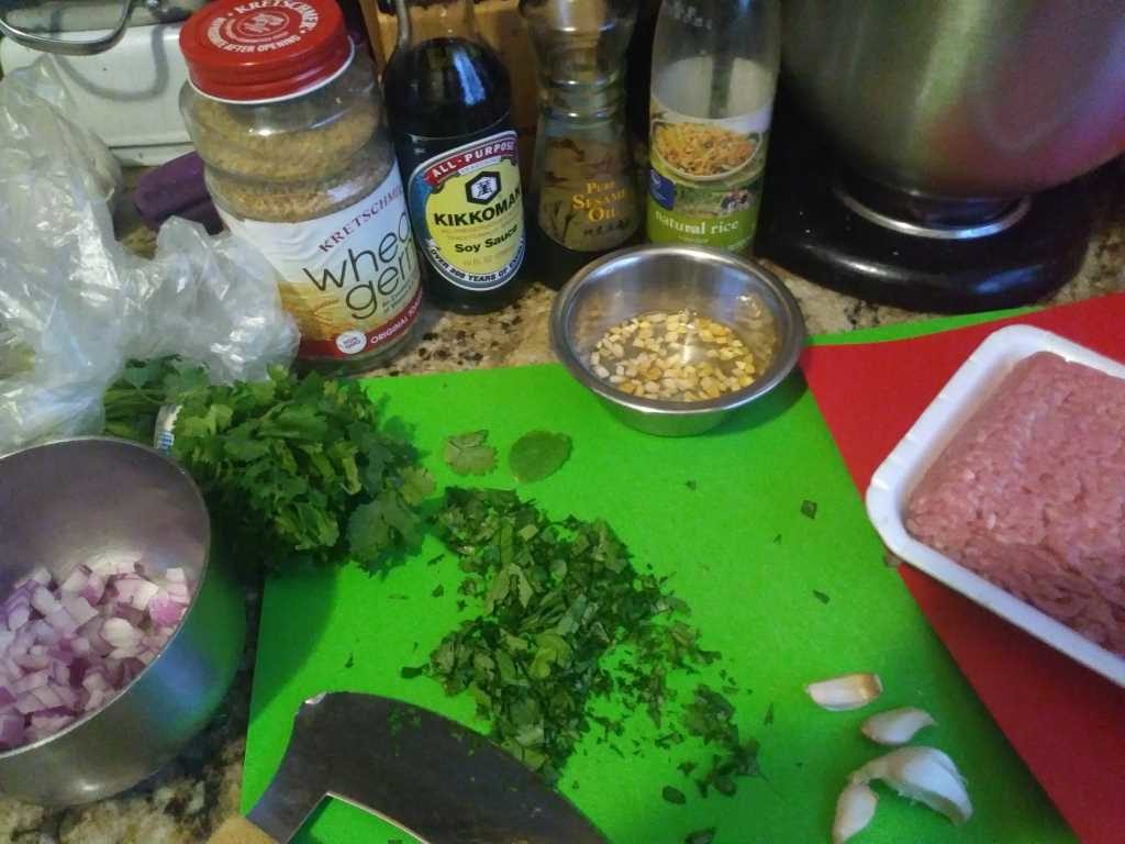 Asian Beef Meatballs with Spicy Cucumber Salad mis en place