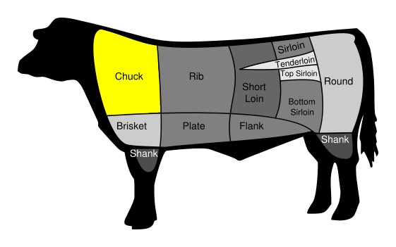 cuts of a cow showing the chuck as part of the shoulder