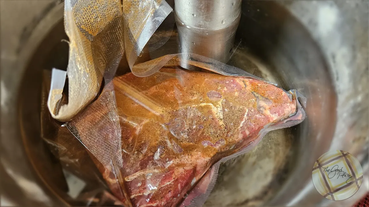 Roast defrosted via sous vide, then repacked and cooking