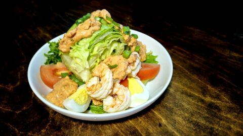 Shrimp Wedge Salad Salsa Dressing Garlic Bread Served