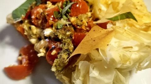 Cherry Tomato Phyllo Tart With Pesto And Feta